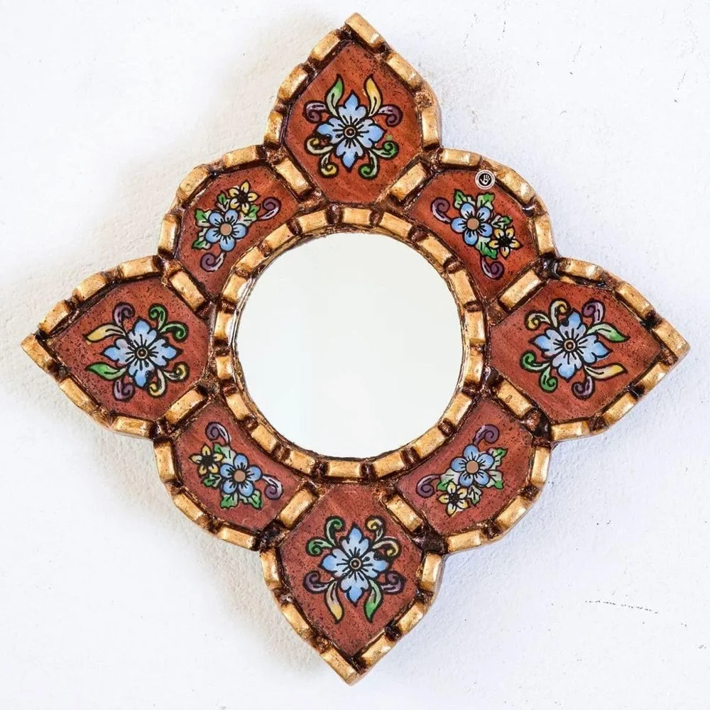 Mini Hand-Painted Red Square Diamond Wall Mirror - Made in Peru